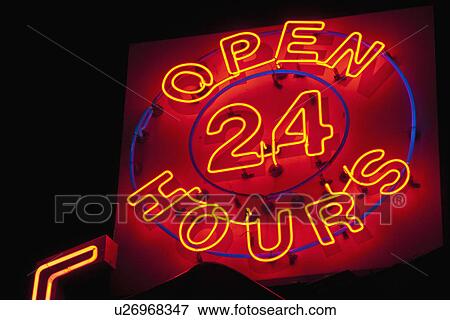 Stock Photo - Illuminated open 24 hours sign. Fotosearch
