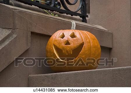 Jack-o-lantern on step View Large Photo Image Stock Photography - Jack-o-lantern on step. Fotosearch