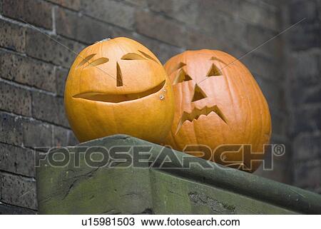 Jack-o-lanterns on banister View Large Photo Image Stock Image - Jack-o-lanterns on banister. Fotosearch