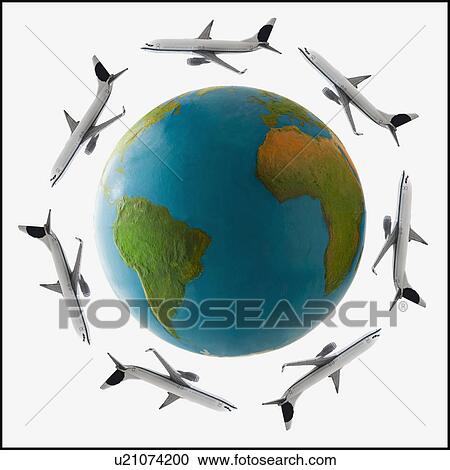 Stock Image - Jets flying around globe. Fotosearch