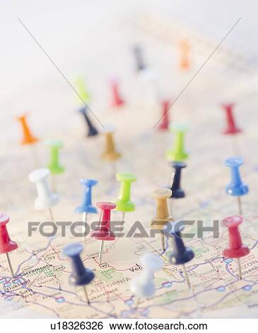 Pushpins in a map View Large Photo Image Stock Photograph - Pushpins in a map. Fotosearch