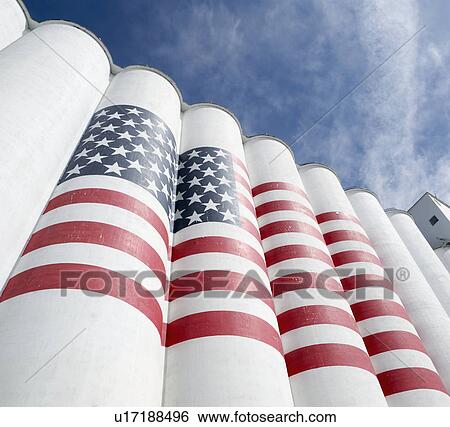 Stock Photograph - Silos painted with American flag. Fotosearch
