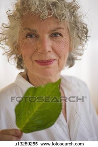 Woman holding a green leaf View Large Photo Image Stock Photography - Woman holding a green leaf. Fotosearch