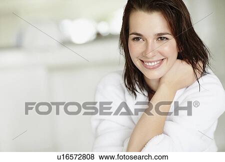 Woman wearing bathrobe View Large Photo Image Stock Photo - Woman wearing bathrobe. Fotosearch