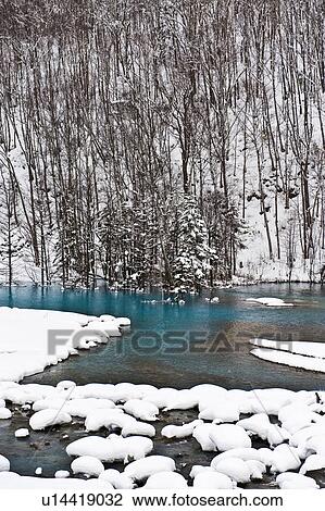 Blue pond and snow, Hokkaido Prefecture, Japan View Large Photo Image Stock Image - Blue pond and snow, Hokkaido Prefecture, Japan. Fotosearch