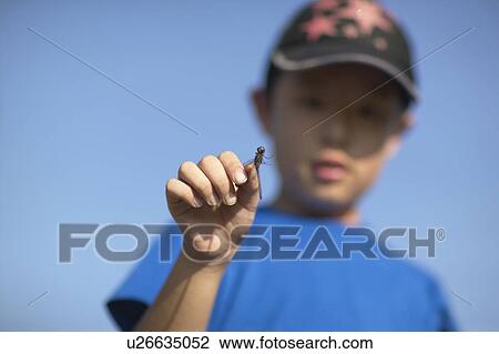 Stock Image - Boy holding dragonfly, blue background, differential focus. Fotosearch