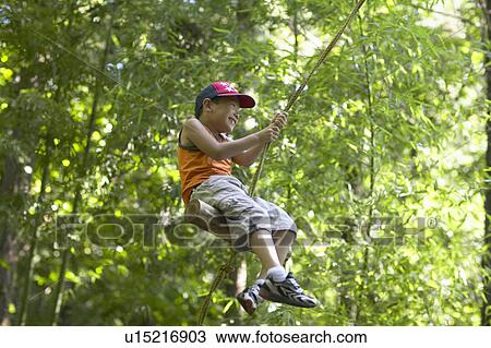 Stock Image - Boy on tree swing, smiling. Fotosearch