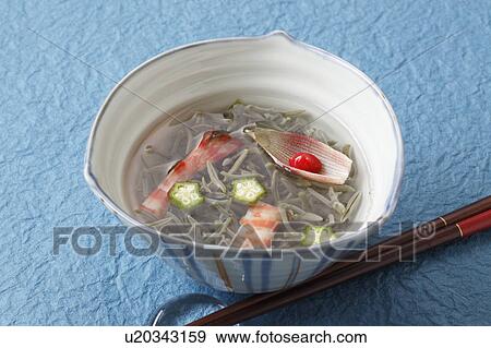 Stock Photo - Brasenia schreberi, shrimp and okra in vinegar. Fotosearch