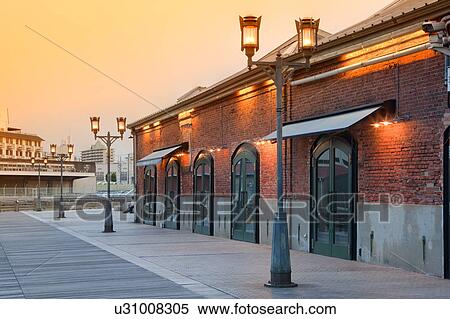 Stock Photography - Brick warehouse in Harbor land at dusk, Kobe City, Hyogo Prefecture, Honshu, Japan. Fotosearch