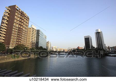 Picture - Cityscape of Fukuoka city from Nishi Nakajima bridge, Fukuoka Prefecture, Kyushu, Japan. Fotosearch