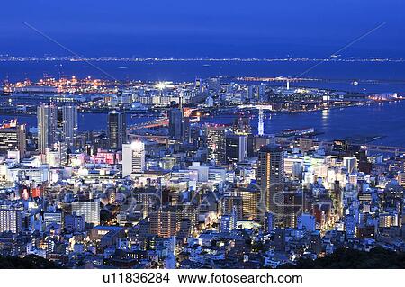 Picture - Cityscape of Kobe city from Mt. Shisho at night, Hyogo Prefecture, Honshu, Japan. Fotosearch