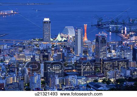 Stock Image - Cityscape of Kobe city from Mt. Shisho at night, Hyogo Prefecture, Honshu, Japan. Fotosearch