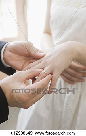 Stock Photo - Close up of Bridegroom Putting Ring on Bride's Finger. Fotosearch