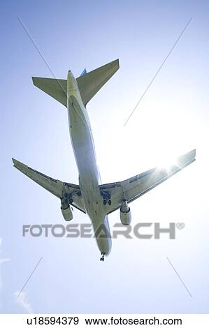 Commercial airplane, low angle view View Large Photo Image Stock Photo - Commercial airplane, low angle view. Fotosearch