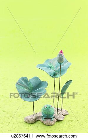 Stock Image - Crafted frog and lotus. Fotosearch