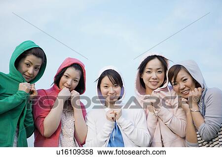 Five Young Women in Hooded Tops View Large Photo Image Stock Photo - Five Young Women in Hooded Tops. Fotosearch