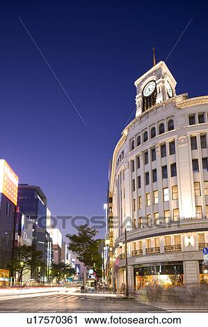 Ginza Yon-chome Crossing, Chuo Ward at dusk, Tokyo Prefecture, Honshu, Japan View Large Photo Image Stock Image - Ginza Yon-chome Crossing, Chuo Ward at dusk, Tokyo Prefecture, Honshu, Japan. Fotosearch