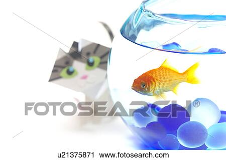 Stock Image - Goldfish and cat figure, close up, white background, Kanagawa prefecture, Japan. Fotosearch