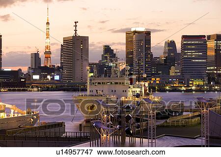 Harumi Terminal Port and Tokyo Tower at dusk, Chuo Ward, Tokyo Prefecture, Honshu, Japan View Large Photo Image Stock Photo - Harumi Terminal Port and Tokyo Tower at dusk, Chuo Ward, Tokyo Prefecture, Honshu, Japan. Fotosearch