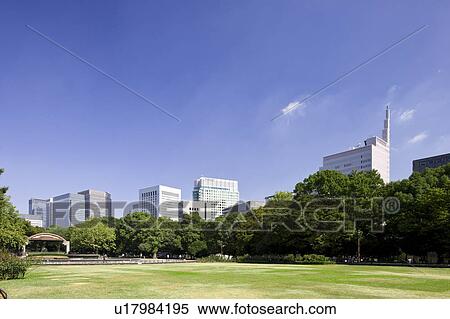 Stock Photography - Hibiya park and skyline of Marunouchi, Chiyoda Ward, Tokyo Prefecture, Honshu, Japan. Fotosearch