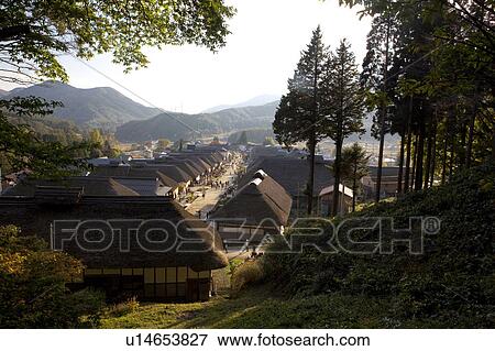 Stock Photo - High Angle View of Ouchi-Juku Post Station. Fotosearch