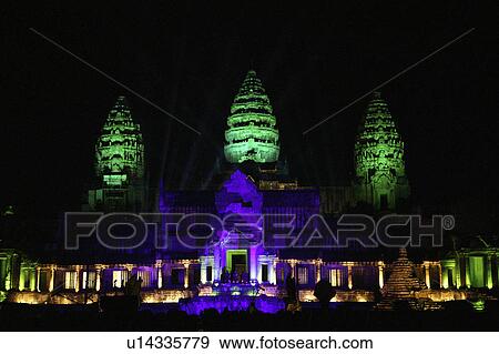Illuminated Angkor Wat View Large Photo Image Stock Photo - Illuminated Angkor Wat. Fotosearch