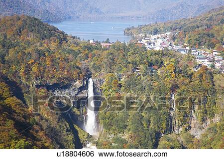Stock Photograph - Kegon-no-taki waterfall and Lake Chuzenji, Tochigi Prefecture, Honshu, Japan. Fotosearch
