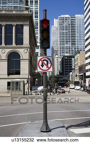 Stock Image - No U-turn road sign, Chicago Illinois, USA. Fotosearch