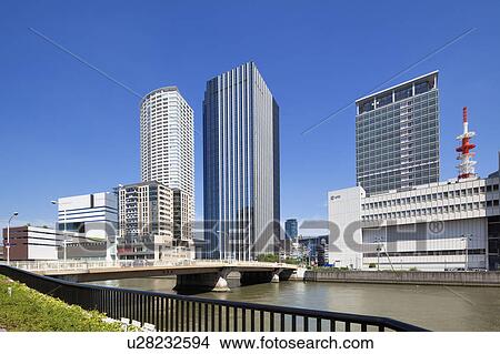 Picture - Office buildings, Hotarumachi and Dojima river, Osaka Prefecture, Honshu, Japan. Fotosearch