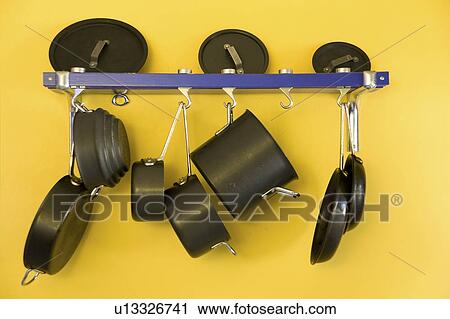 Pots and pans hanging on a wall View Large Photo Image Stock Image - Pots and pans hanging on a wall. Fotosearch