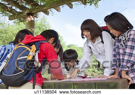 Picture - School children and female teacher looking at map in park. Fotosearch