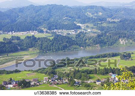 Stock Photography - Shinano river, high angle view, Niigata Prefecture, Honshu, Japan. Fotosearch