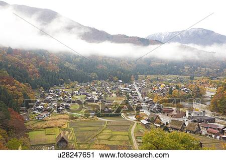 Stock Image - Shirakawago in autumn, Shirakawa Village, Gifu Prefecture, Honshu, Japan. Fotosearch