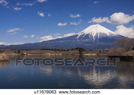 Stock Image - Snowcapped Mt. Fuji and It's Reflection on the Lake. Fotosearch