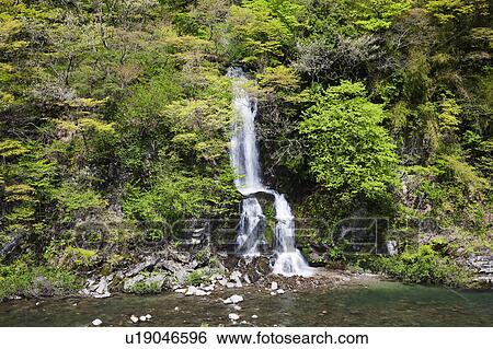 Stock Photograph - Waterfall Running into the River. Fotosearch