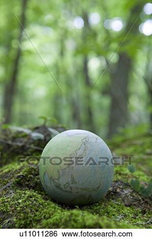 Stock Photograph - Wooden Globe on Moss. Fotosearch