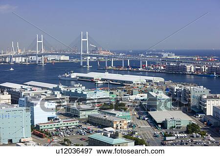 Stock Photo - Yokohama Bay Bridge and Yamashita Terminal Port, Yokohama City, Kanagawa Prefecture, Honshu, Japan. Fotosearch