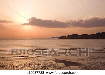 Stock Photo - Zaimokuza beach at dusk, Kanagawa Prefecture, Honshu, Japan. Fotosearch