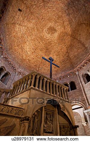 Stock Image - Church of Santo Stefano, complex of seven churches, showing Calvary Niche pulpit and cupola of Holy Sepulchre church, Bologna, Italy. Fotosearch