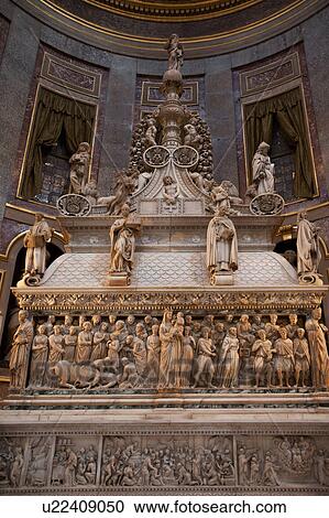 Stock Image - Close up view of ornate carved marble sarcophagus in chapel of San Domenico, Bologna Italy. Fotosearch