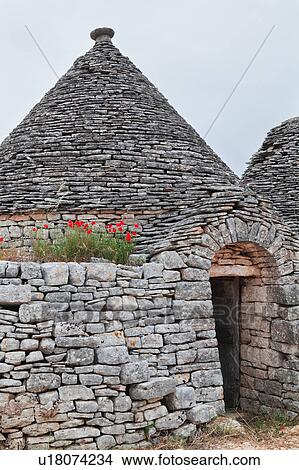 Picture - Close up view of trullo: traditional house of uncemented stones, with arched doorway and conical roof, wild poppies growing on ledge, sunny spring afternoon, Locorotondo, Puglia, Southern Italy. Fotosearch