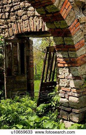 Deserted stone farmhouse in ruins, Tuscany, Italy, interior view of wooden doors, archway with stone /brick detail, overgrown with ferns, sunny spring morning View Large Photo Image Stock Image - Deserted stone farmhouse in ruins, Tuscany, Italy, interior view of wooden doors, archway with stone /brick detail, overgrown with ferns, sunny spring morning. Fotosearch