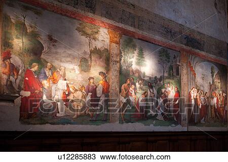 Stock Image - Detail of wall of frescoes in Oratory of Santa Cecilia, San Giacomo, showing Saints Valeriano and Cecilia, iBologna, Italy. Fotosearch