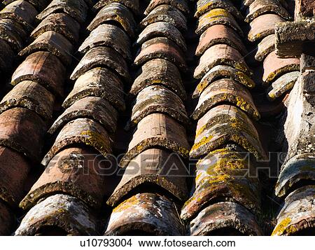 Picture - Detail view of terracotta sloping roof top with traditional overlapping curved tiles, with lichen and moss formation, in sunshine, creating symmetrical textured pattern. Fotosearch