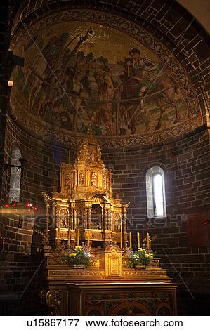 Stock Photo - Interior of Romanesque church of San Giacomo showing apse with mosaic decoration and ornate gold altar, Bellagio, Lake Como, Northern Italy. Fotosearch