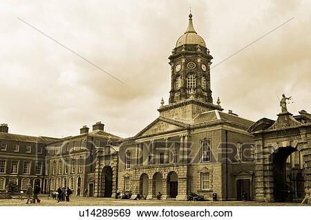 Stock Photo - Monochrome sepia view of Upper Yard, and Bedford Tower, Dublin Castle, Dublin, Southern Ireland. Fotosearch
