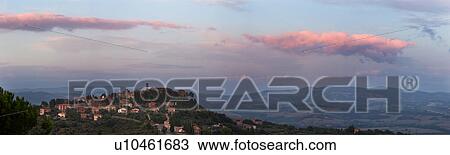 Panorama view of medieval hilltop town of Monte Castello di Vibio, at sunset, with spectacular pink clouds, skyscape, Umbria, Italy View Large Photo Image Stock Image - Panorama view of medieval hilltop town of Monte Castello di Vibio, at sunset, with spectacular pink clouds, skyscape, Umbria, Italy. Fotosearch