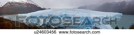Panorama view of Perito Moreno Glacier, early morning, cloudy autumn day, Los Glaciares, Argentina, Patagonia View Large Photo Image Stock Photograph - Panorama view of Perito Moreno Glacier, early morning, cloudy autumn day, Los Glaciares, Argentina, Patagonia. Fotosearch