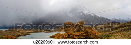 Stock Image - Panorama view of snow covered Los Cuernos mountains with dramatic autumn cloudscape, fall colours of trees in foreground beside Lake Nordenskjold, Torres del Paine, Southern Chile, Patagonia. Fotosearch