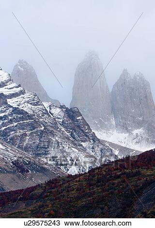 Stock Image - Sunrise view of snow covered Las Torres mountain range, with foreground hills and beech trees with autumn foliage, Torres del Paine, Southern Chile, Patagonia. Fotosearch
